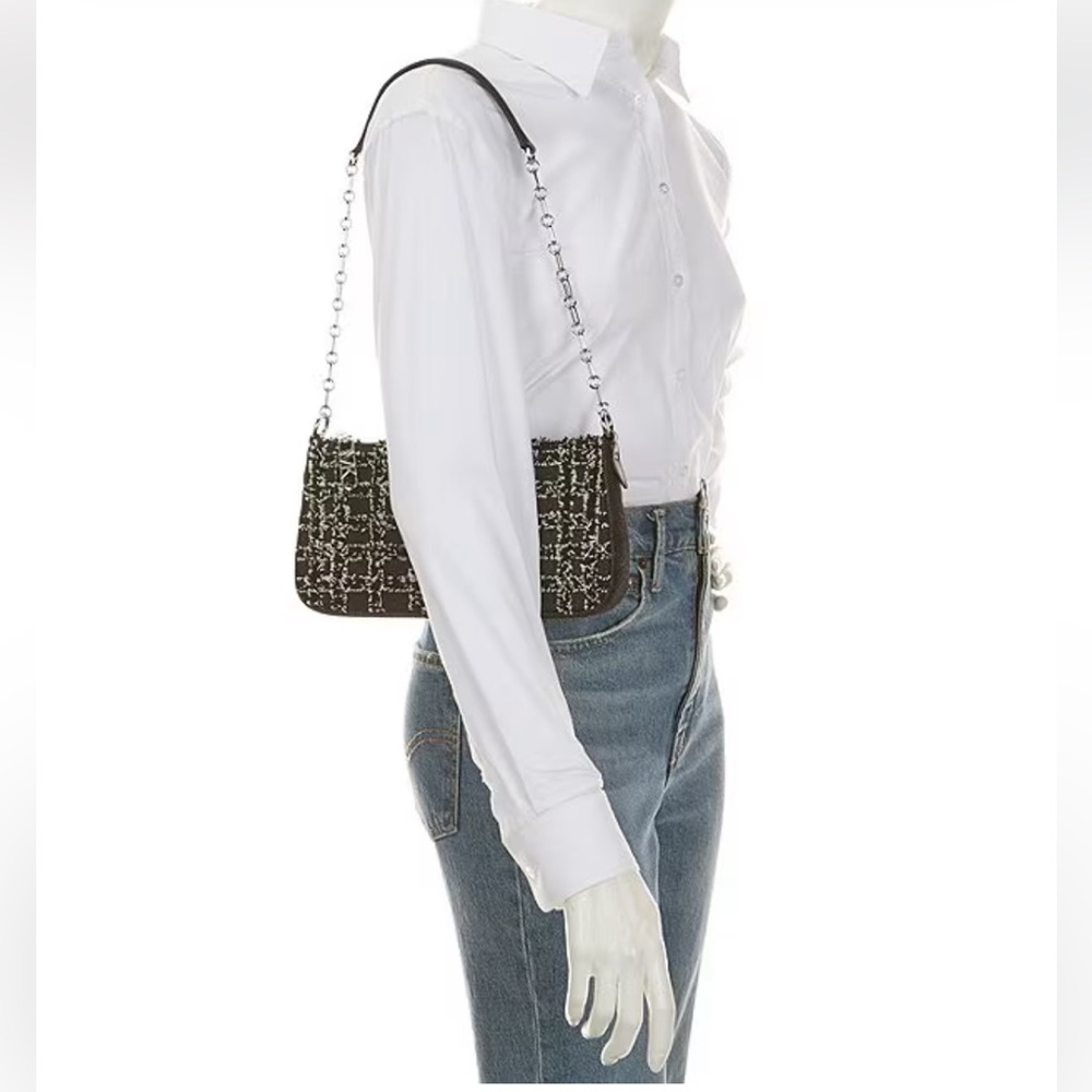 NWT MICHAEL KORS Empire Medium Frayed Denim Chain-Link Pochette Shoulder Bag - Picture 4 of 12